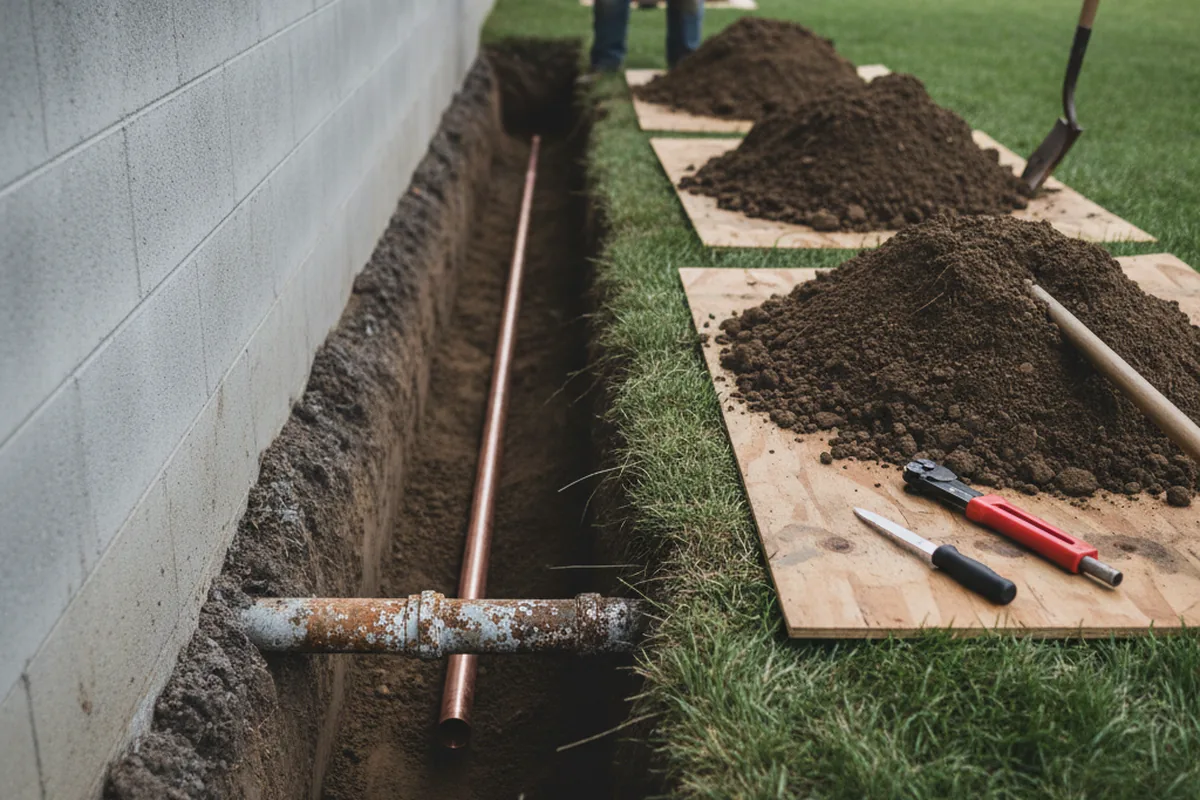 Excavated water line trench during Sewer Line Repair in Byesville